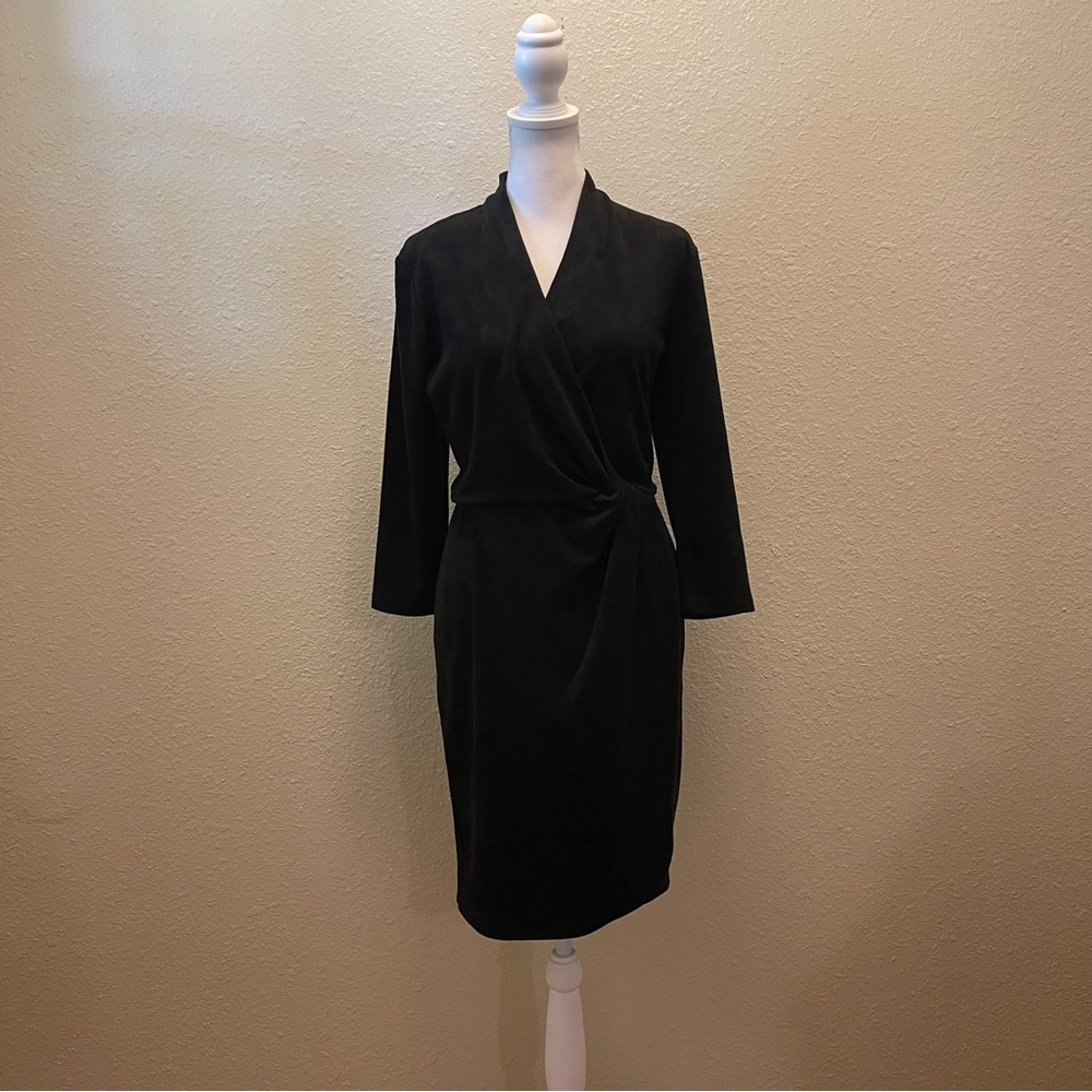 J. McLaughlin Women’s V-Neck Black Stretch Velour Suede Feel Faux Wrap Dress M